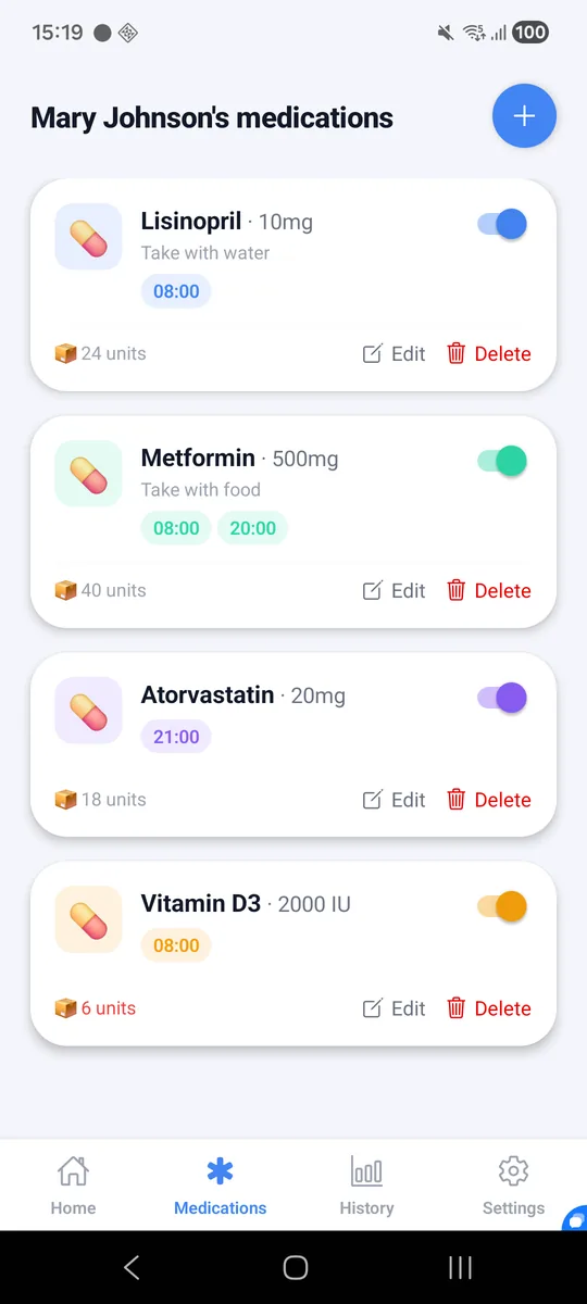 MedTaken medications list with dosages and stock